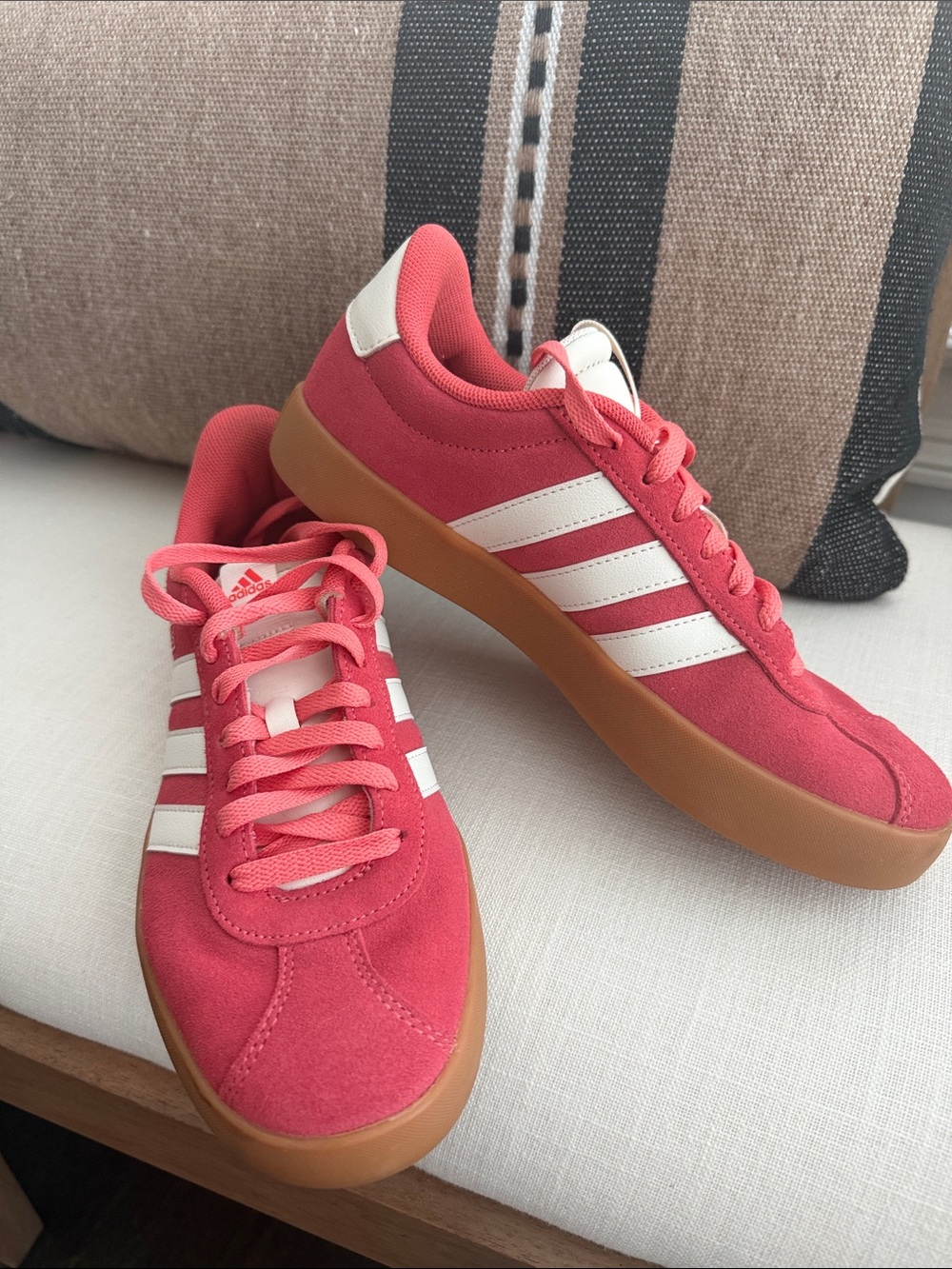 adidas Women’s Coral Red Suede Sneakers with White Stripes